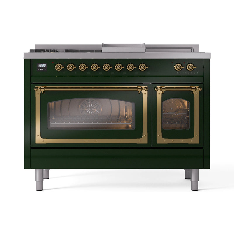 ILVE Nostalgie II Noblesse 48-Inch Dual Fuel Range with 5 Burners, Griddle, & French Top with Triple Glass Door Oven in Emerald Green with Brass Trim (UN48FSNMPEGG)