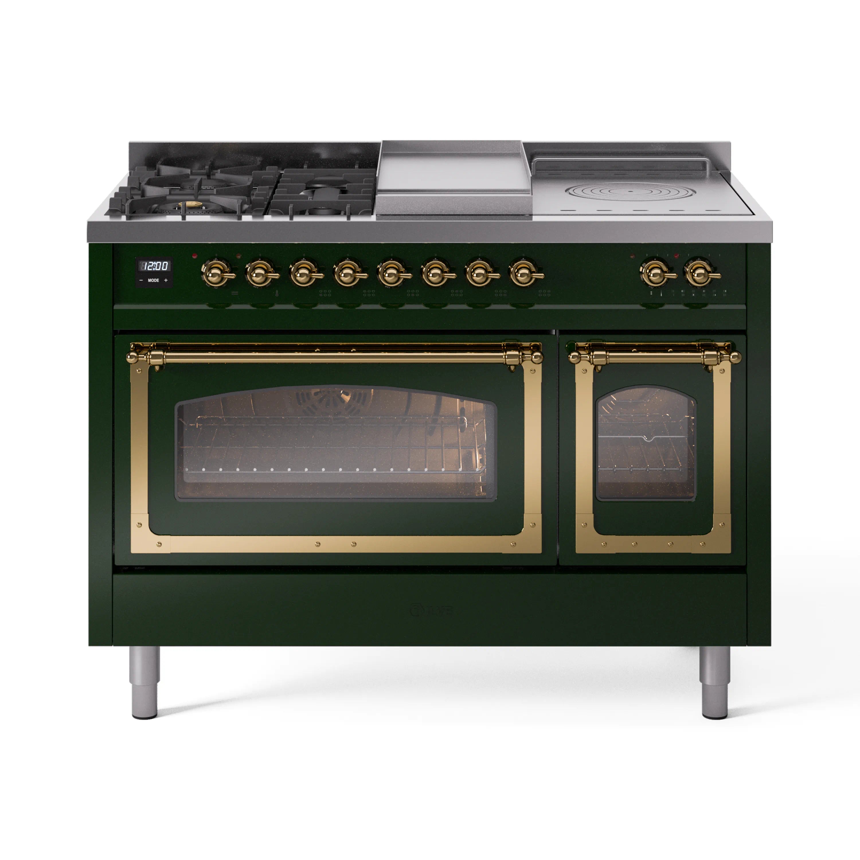 Emerald green dual-fuel range with brass control knobs and windowed oven doors