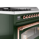 ILVE Nostalgie II Noblesse 48-Inch Natural Gas Dual Fuel Range with 5 Burners, Griddle, & French Top with Triple Glass Door Oven in Emerald Green with Copper Trim (UN48FSNMPEGP)