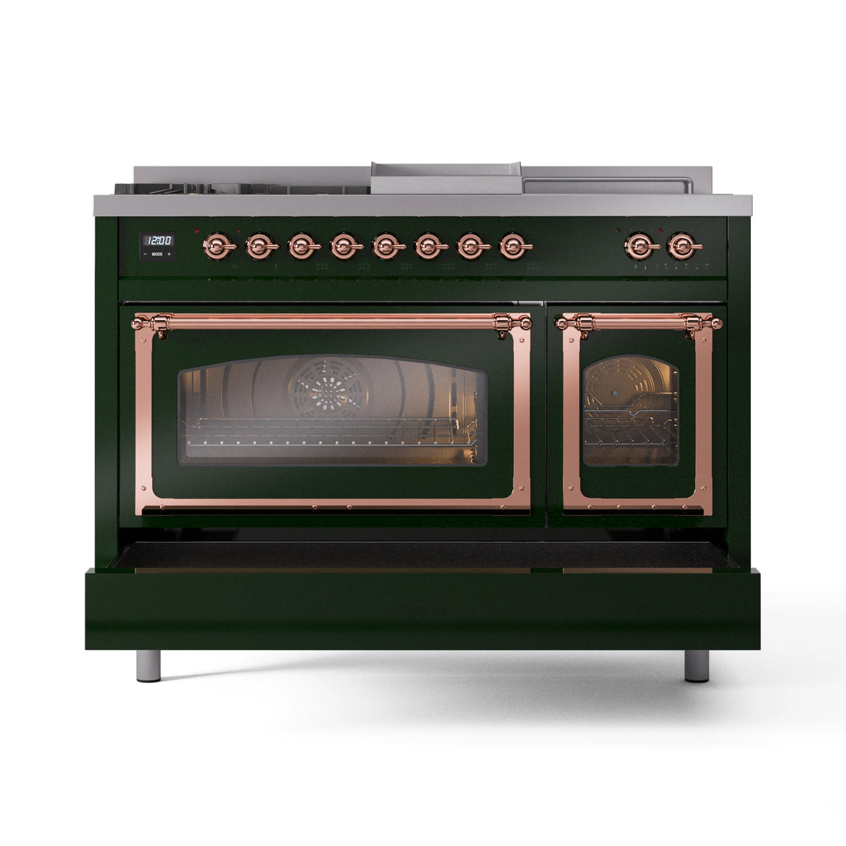 Emerald green dual fuel range with copper trim and two glass oven doors