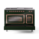 ILVE Nostalgie II Noblesse 48-Inch Natural Gas Dual Fuel Range with 5 Burners, Griddle, & French Top with Triple Glass Door Oven in Emerald Green with Copper Trim (UN48FSNMPEGP)