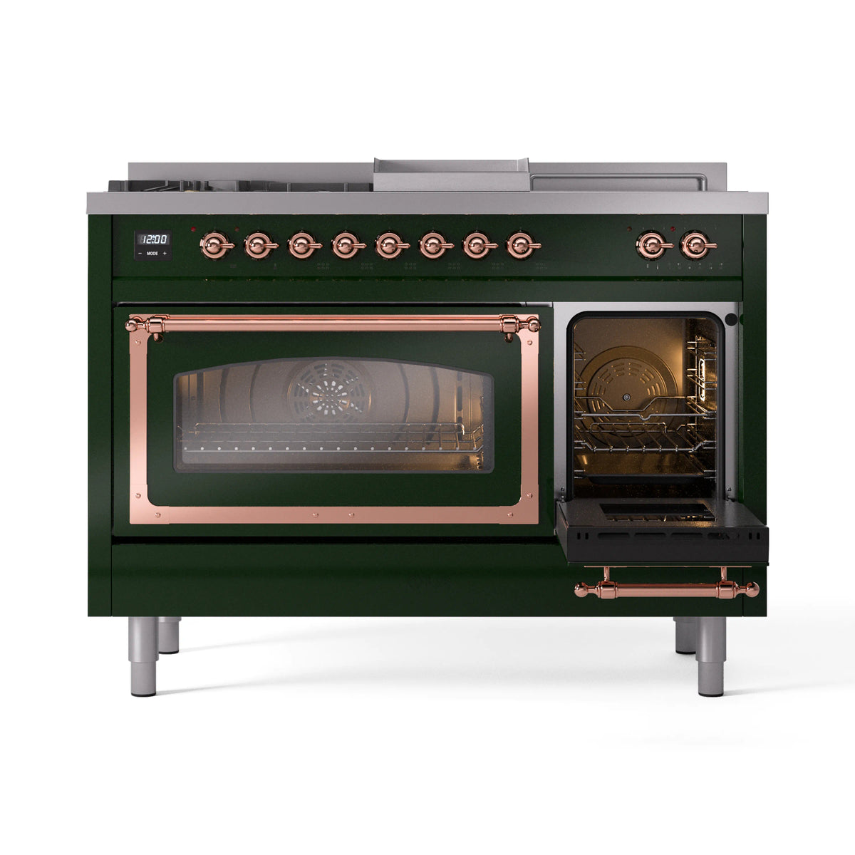 Emerald green range with one oven door open and copper-trimmed oven frame