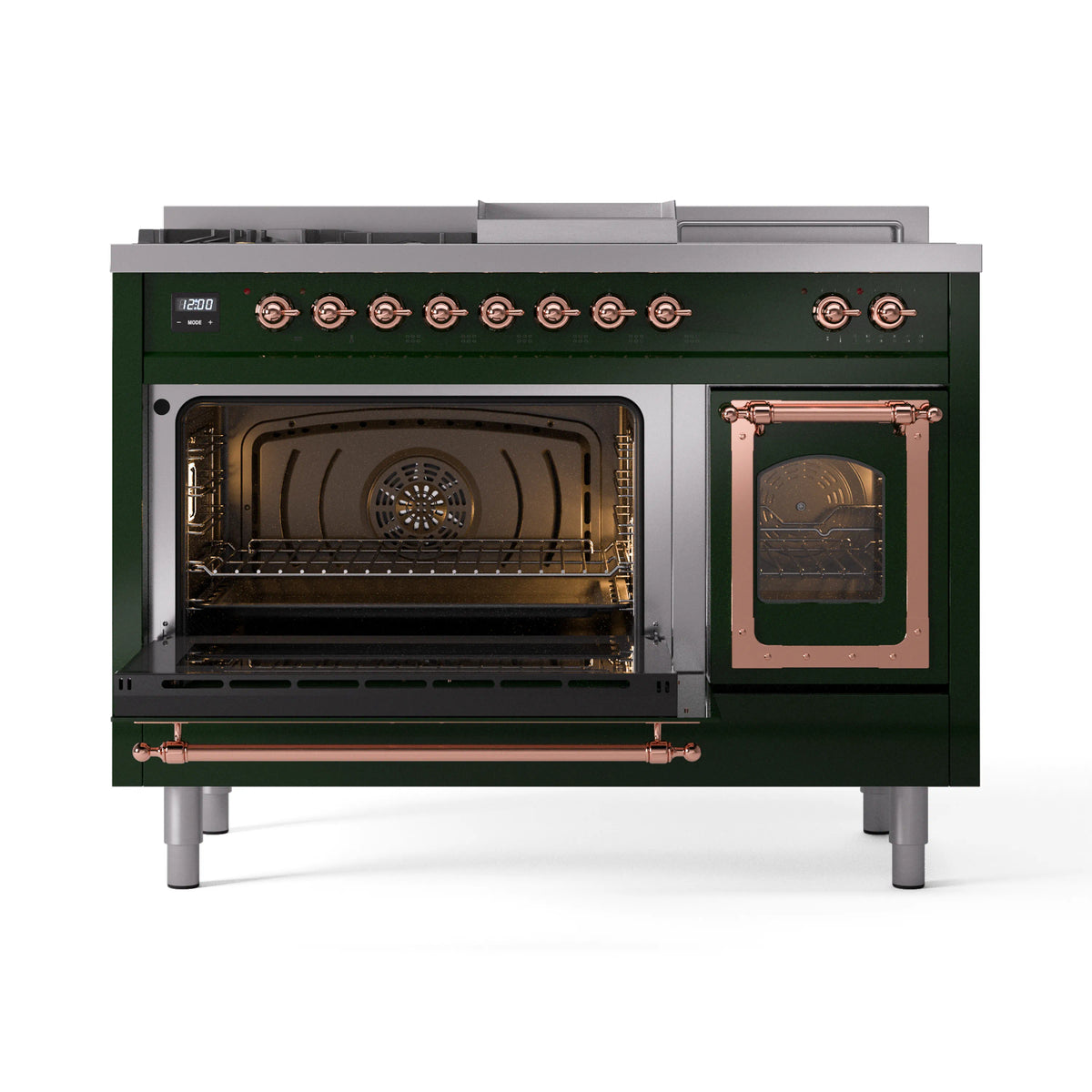 Emerald green cooking range with both oven doors open and copper-trimmed handles