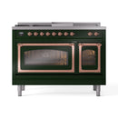 ILVE Nostalgie II Noblesse 48-Inch Propane Gas Dual Fuel Range with 5 Burners, Griddle, & French Top with Triple Glass Door Oven in Emerald Green with Copper Trim (UN48FSNMPEGPLP)