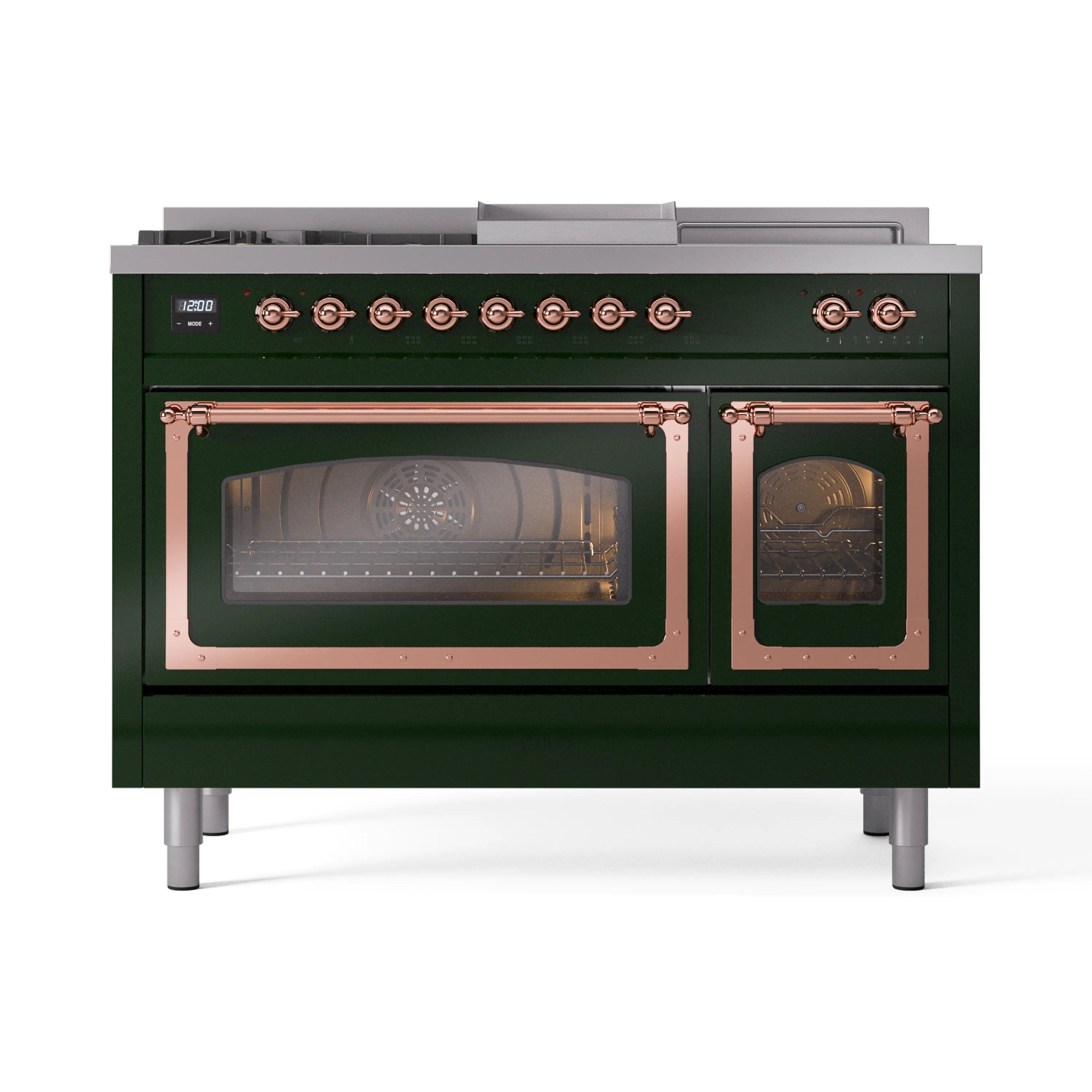 Front view of emerald green dual fuel range with copper controls and two glass oven doors