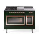 ILVE Nostalgie II Noblesse 48-Inch Propane Gas Dual Fuel Range with 5 Burners, Griddle, & French Top with Triple Glass Door Oven in Emerald Green with Copper Trim (UN48FSNMPEGPLP)