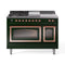 ILVE Nostalgie II Noblesse 48-Inch Natural Gas Dual Fuel Range with 5 Burners, Griddle, & French Top with Triple Glass Door Oven in Emerald Green with Copper Trim (UN48FSNMPEGP)
