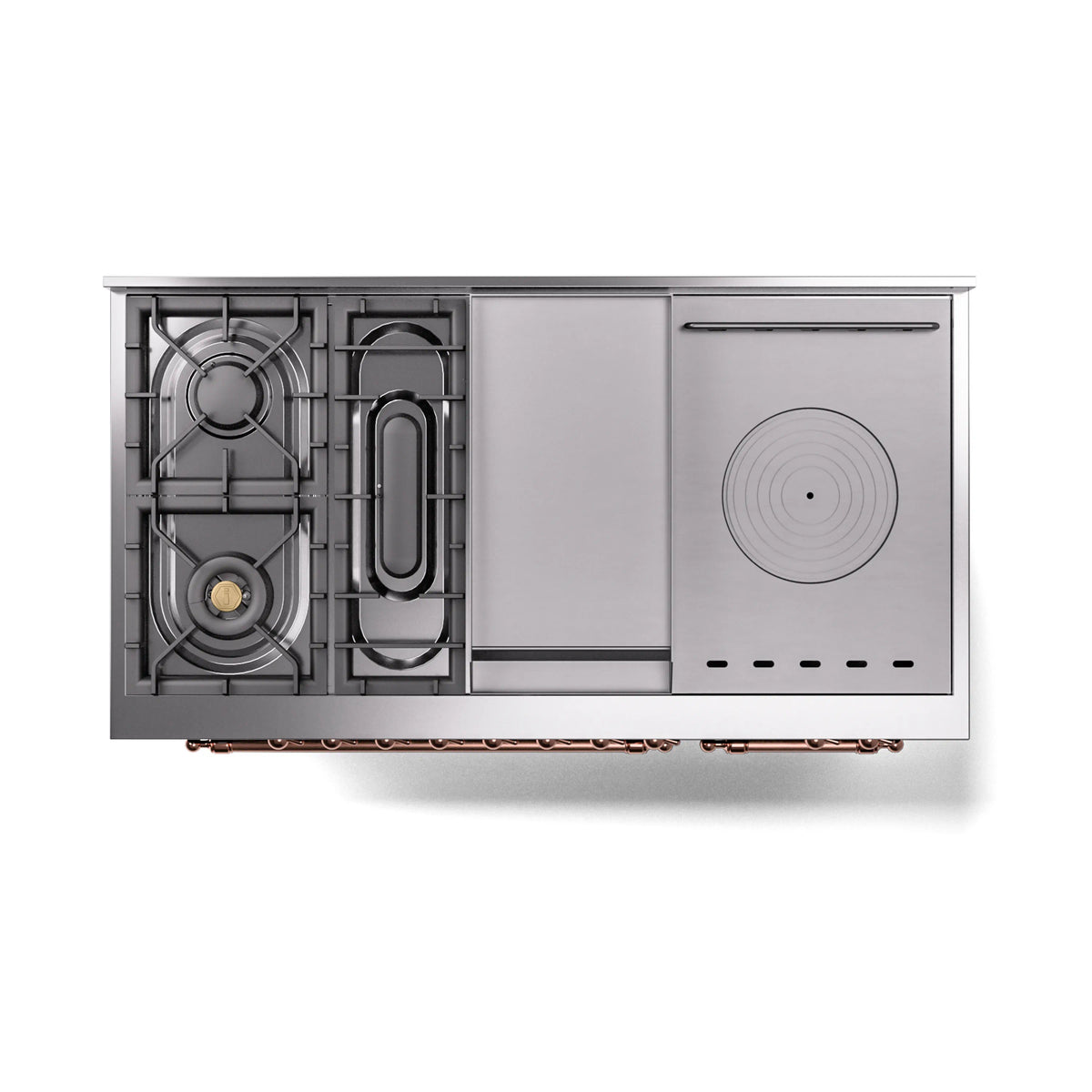 Under view of an emerald green range with left gas burners and right built-in controls panel