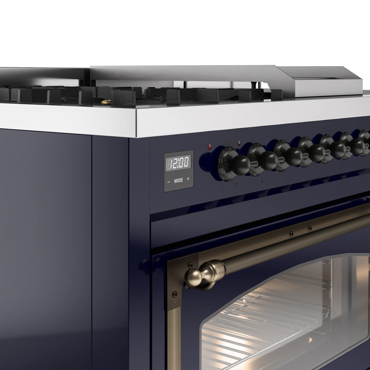 Midnight blue range control panel with knobs and oven handle close-up