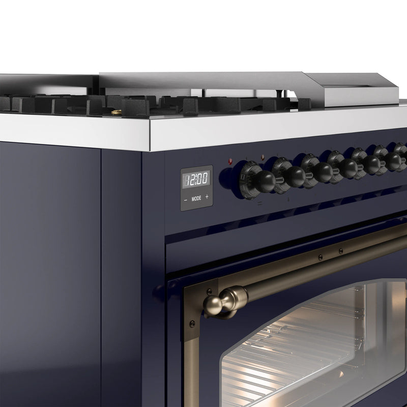 ILVE 48-Inch Nostalgie II Noblesse Dual Fuel Range with 5 Sealed Burners, Griddle, French Top and Triple Glass Door Oven in Midnight Blue with Bronze Trim (UN48FSNMPMBB)