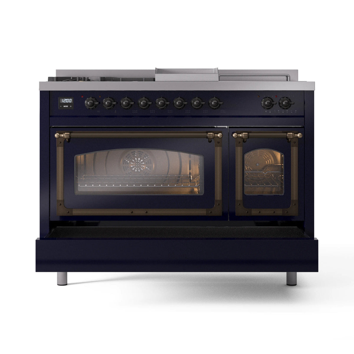 Midnight blue dual-fuel range, ovens open, bronze trim, front view