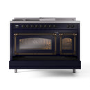 ILVE 48-Inch Nostalgie II Noblesse Propane Gas Dual Fuel Range with 5 Sealed Burners, Griddle, French Top and Triple Glass Door Oven in Midnight Blue with Bronze Trim (UN48FSNMPMBBLP)