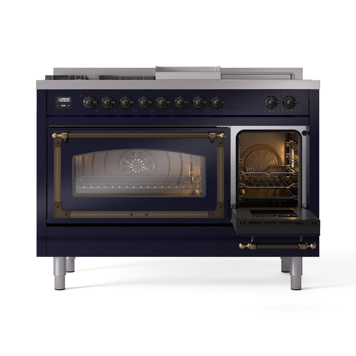 Midnight blue range with left oven open and right oven door open, front view