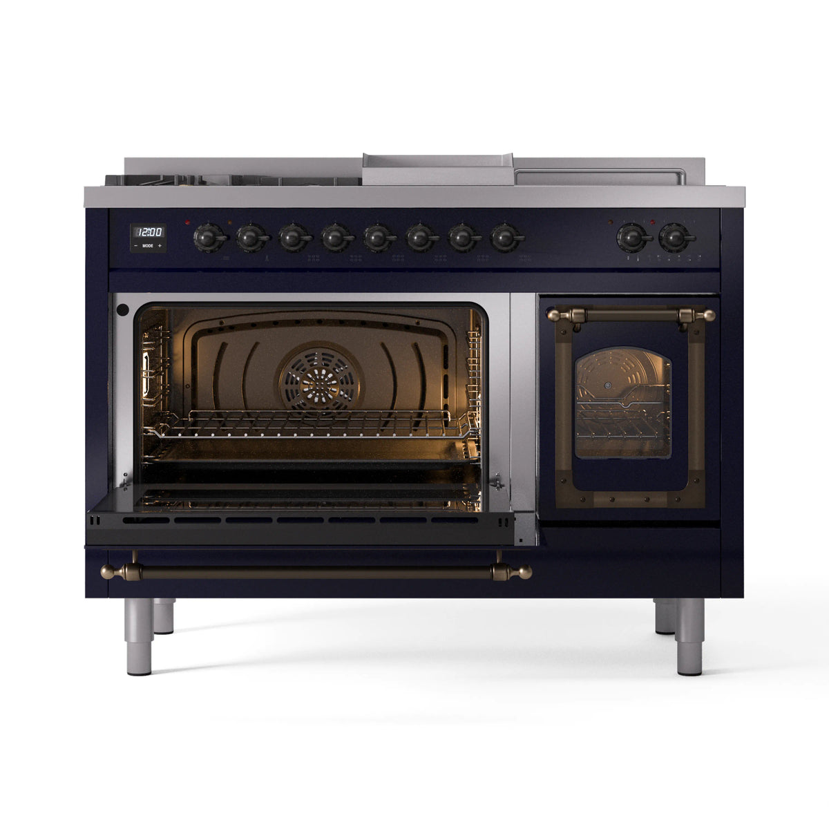 Midnight blue dual-fuel range, triple-door oven open, bronze trim, front view