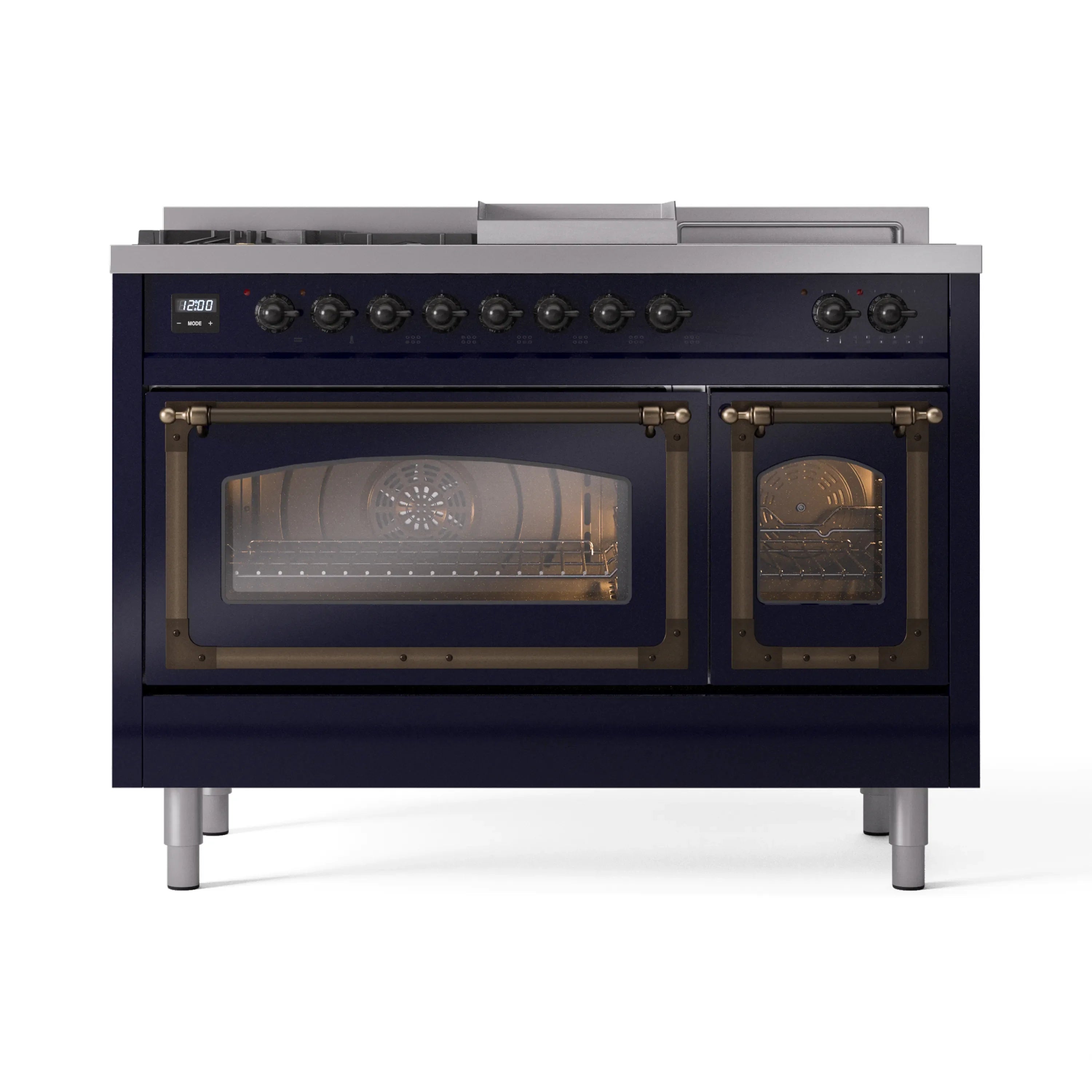 Midnight blue dual fuel range with central burners, knob controls and two oven windows