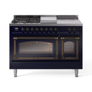 ILVE 48-Inch Nostalgie II Noblesse Natural Gas Dual Fuel Range with 5 Sealed Burners, Griddle, French Top and Triple Glass Door Oven in Midnight Blue with Bronze Trim (UN48FSNMPMBB)
