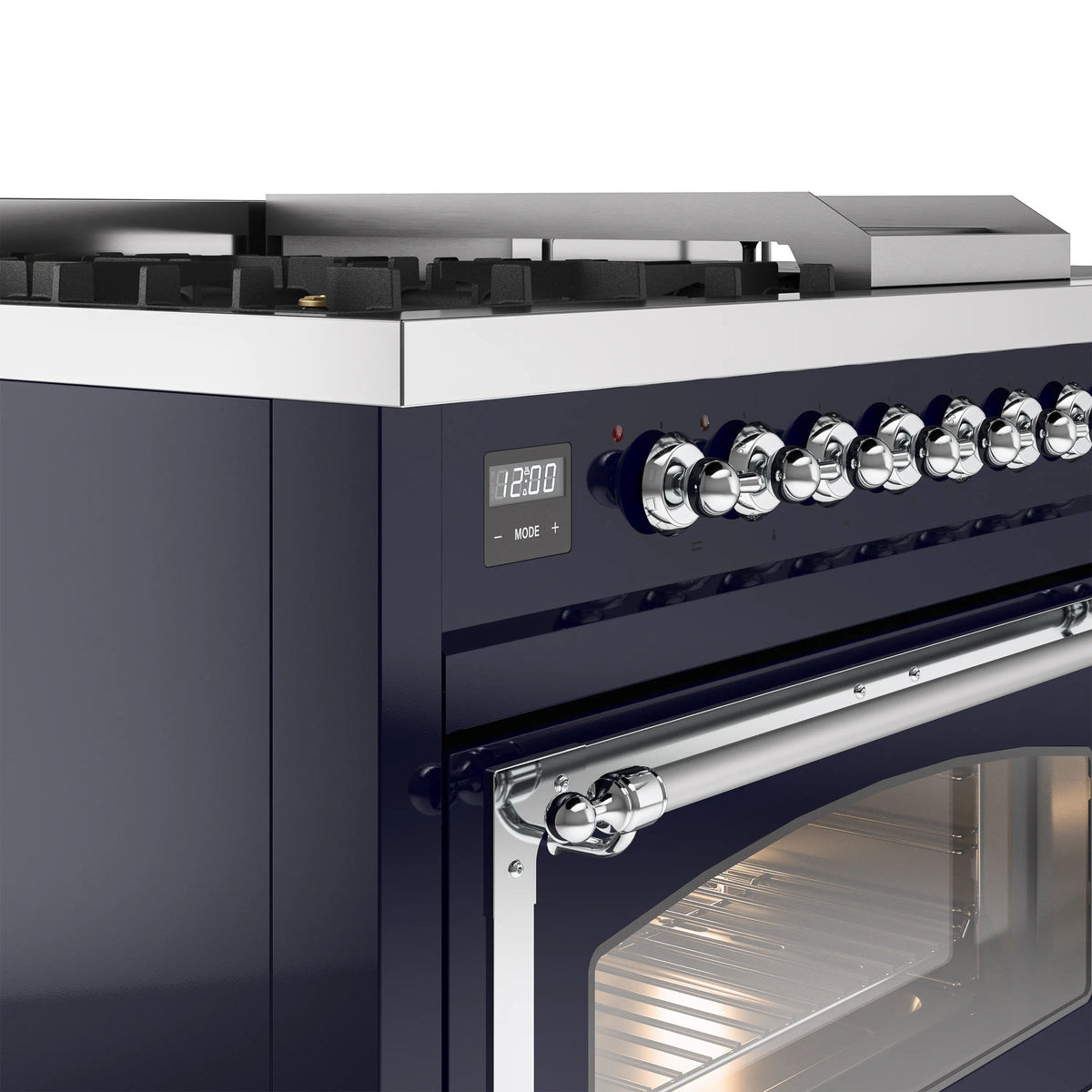 Midnight blue dual fuel range control panel with chrome knobs and oven handle
