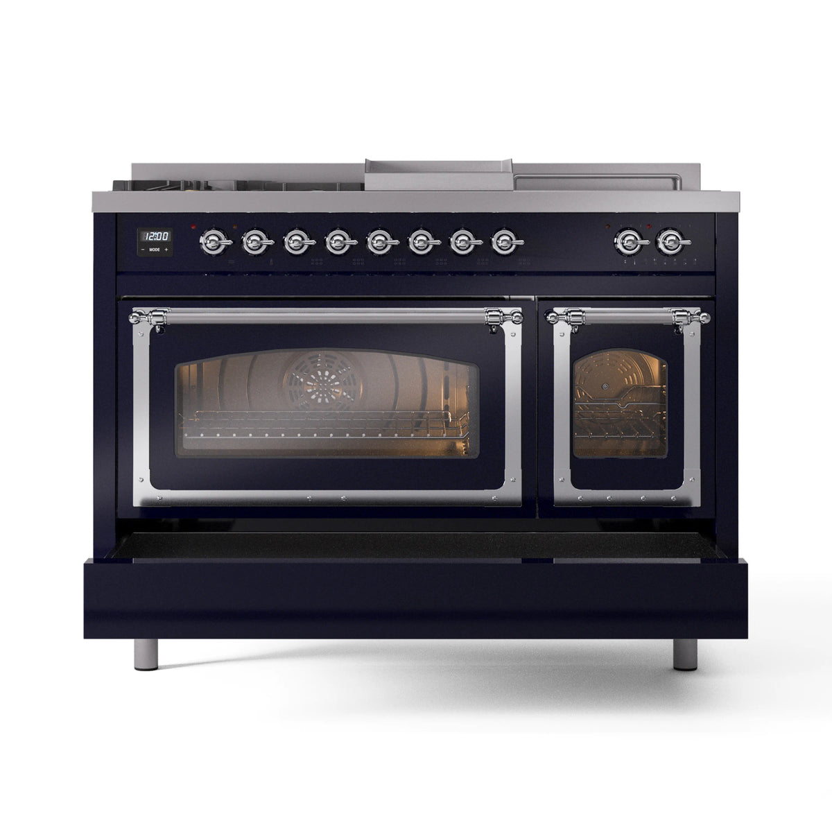 Midnight blue dual oven range with chrome trim and control knobs above