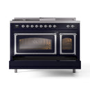 ILVE 48-Inch Nostalgie II Noblesse Natural Gas Dual Fuel Range with 5 Sealed Burners, Griddle, French Top and Triple Glass Door Oven in Midnight Blue with Chrome Trim (UN48FSNMPMBC)