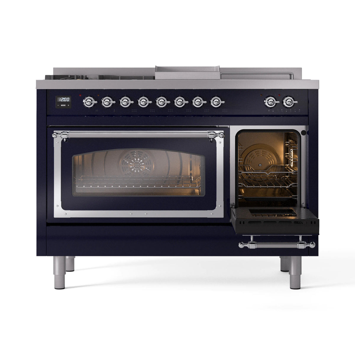 Midnight blue dual fuel range with open right oven door and visible interior