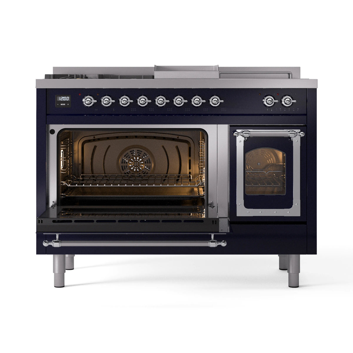 Midnight blue range with both oven doors open, showing interior burners and racks