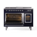 ILVE 48-Inch Nostalgie II Noblesse Natural Gas Dual Fuel Range with 5 Sealed Burners, Griddle, French Top and Triple Glass Door Oven in Midnight Blue with Chrome Trim (UN48FSNMPMBC)