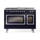 ILVE 48-Inch Nostalgie II Noblesse Natural Gas Dual Fuel Range with 5 Sealed Burners, Griddle, French Top and Triple Glass Door Oven in Midnight Blue with Chrome Trim (UN48FSNMPMBC)