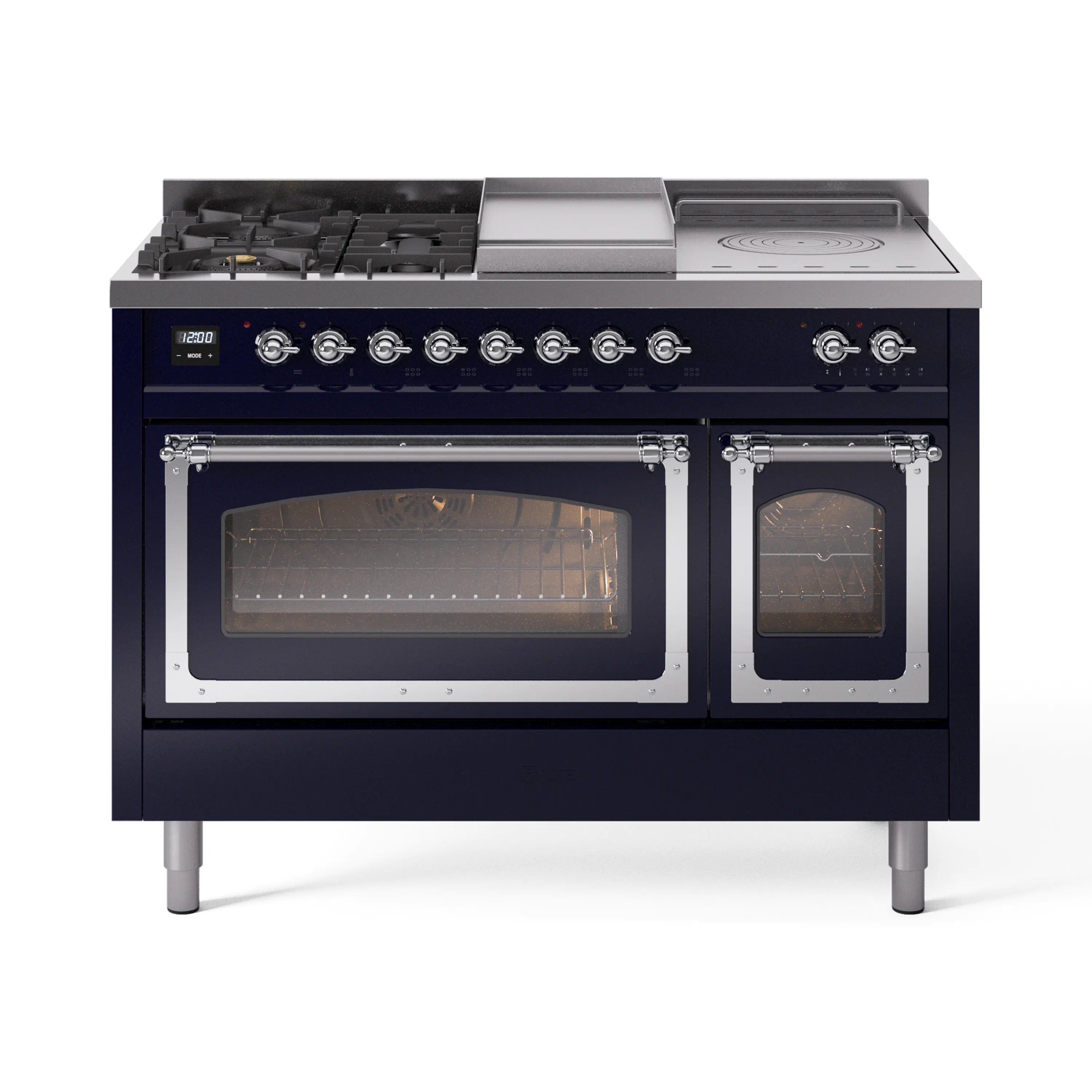 Midnight blue gas dual fuel range with chrome trim, griddle/controls, and two glass oven doors