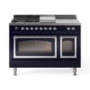 ILVE 48-Inch Nostalgie II Noblesse Natural Gas Dual Fuel Range with 5 Sealed Burners, Griddle, French Top and Triple Glass Door Oven in Midnight Blue with Chrome Trim (UN48FSNMPMBC)