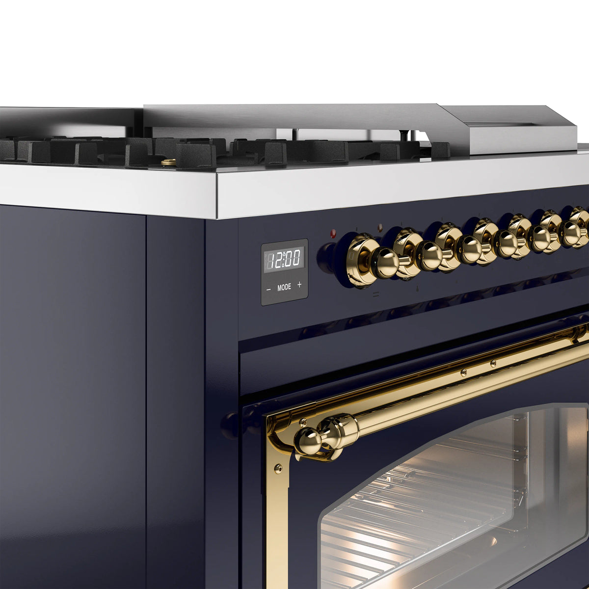 Midnight blue dual-fuel range with brass control knobs and open oven with racks