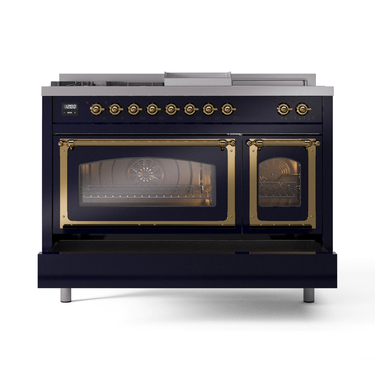 Midnight blue dual-fuel range with brass-trim oven doors and lit cooking cavity