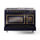ILVE 48-Inch Nostalgie II Noblesse Natural Gas Dual Fuel Range with 5 Sealed Burners, Griddle, French Top and Triple Glass Door Oven in Midnight Blue with Brass Trim (UN48FSNMPMBG)