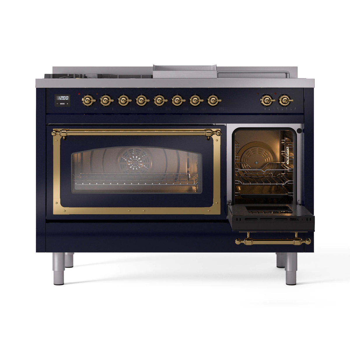 Midnight blue range with one oven door open, interior racks visible behind glass