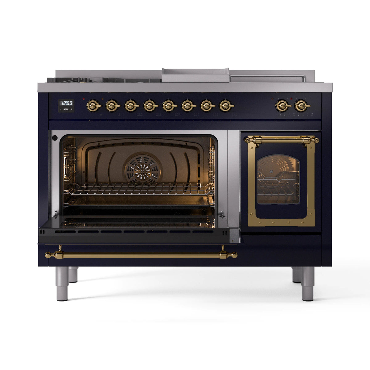 Midnight blue dual-fuel range with brass-trim controls and open left oven door