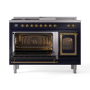 ILVE 48-Inch Nostalgie II Noblesse Natural Gas Dual Fuel Range with 5 Sealed Burners, Griddle, French Top and Triple Glass Door Oven in Midnight Blue with Brass Trim (UN48FSNMPMBG)