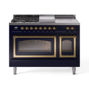 ILVE 48-Inch Nostalgie II Noblesse Natural Gas Dual Fuel Range with 5 Sealed Burners, Griddle, French Top and Triple Glass Door Oven in Midnight Blue with Brass Trim (UN48FSNMPMBG)
