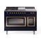 ILVE 48-Inch Nostalgie II Noblesse Natural Gas Dual Fuel Range with 5 Sealed Burners, Griddle, French Top and Triple Glass Door Oven in Midnight Blue with Brass Trim (UN48FSNMPMBG)
