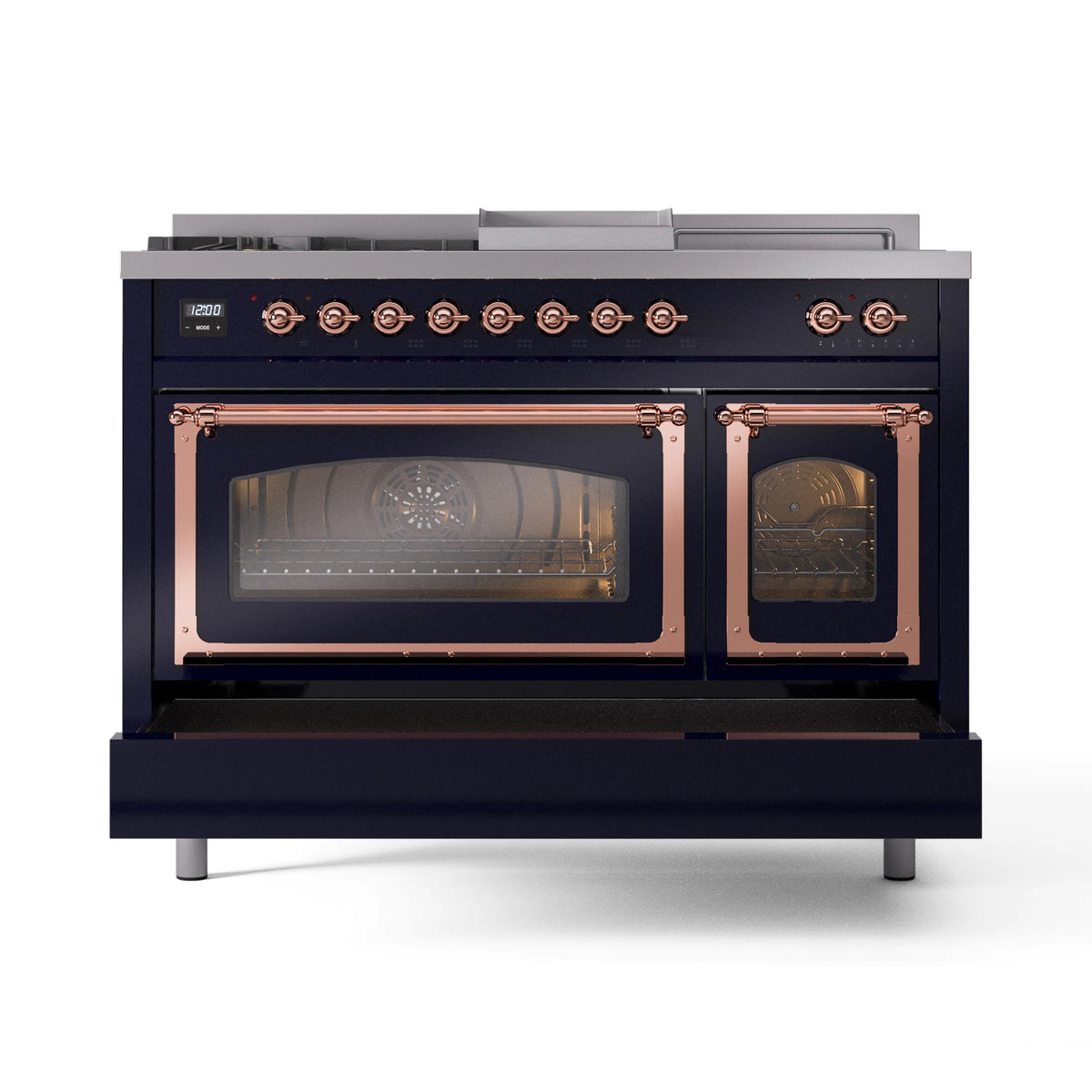 Midnight blue dual-fuel freestanding range with copper-trimmed oven doors and knobs