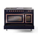 ILVE Nostalgie II Noblesse 48-Inch Freestanding Natural Gas Dual Fuel Range with Triple Glass Door Oven in Midnight Blue with Copper Trim (UN48FSNMPMBP)