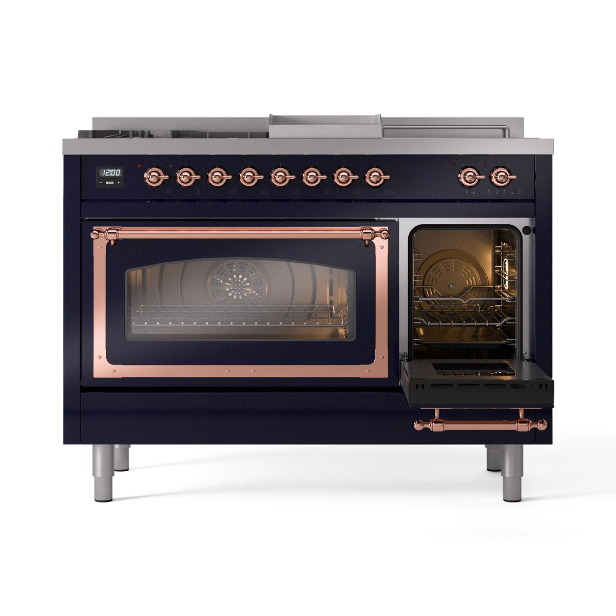 Freestanding gas range with left oven door closed and right oven door open in midnight blue