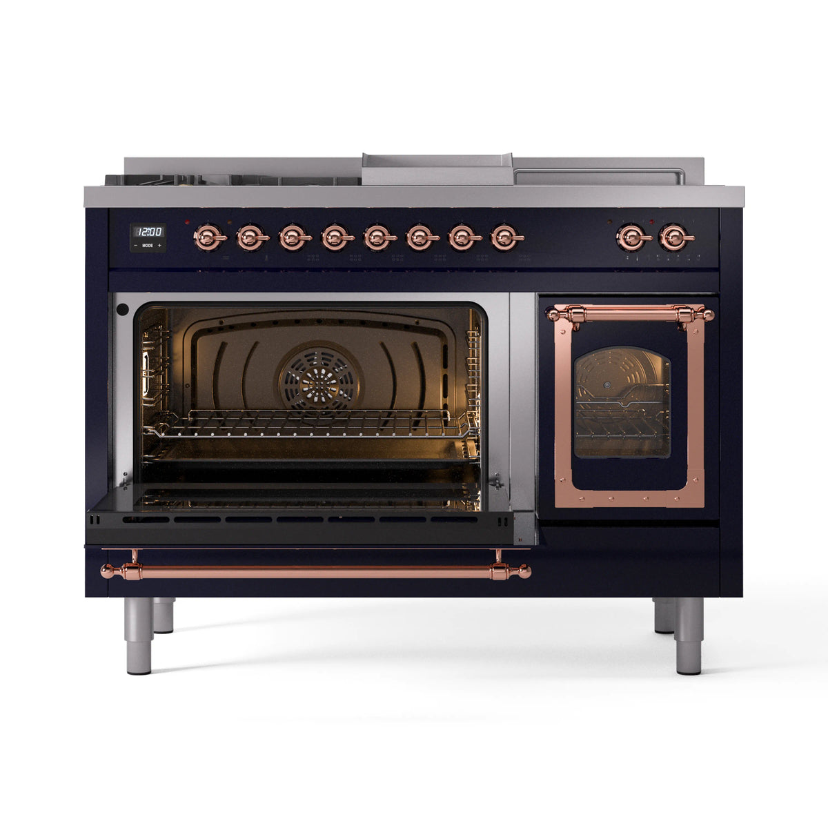 Freestanding gas range with both oven doors open, showing lit oven interiors
