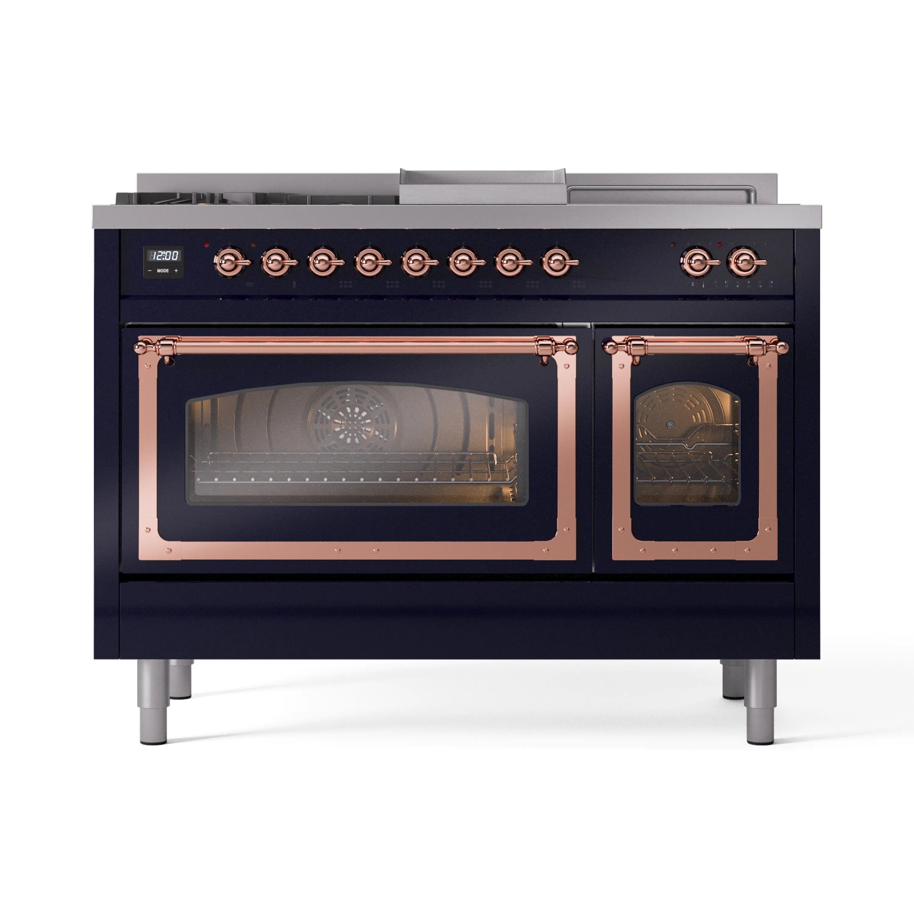 Freestanding gas range front view in midnight blue with copper trim and dual oven doors