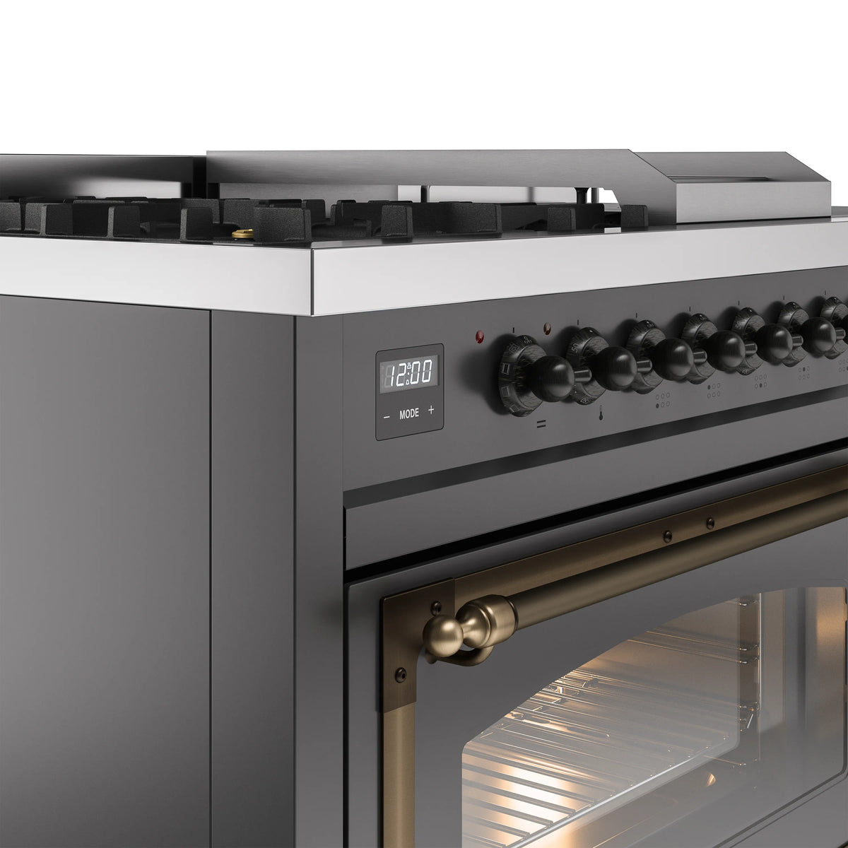 ILVE dual fuel range control knobs and clock display above open oven door