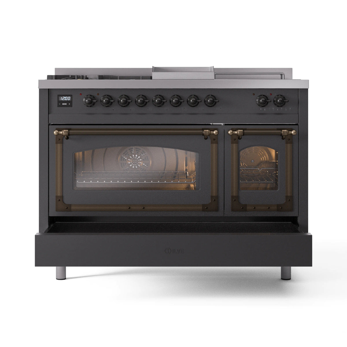 Matte graphite dual fuel range front view with oven doors open and bronze-trim handles