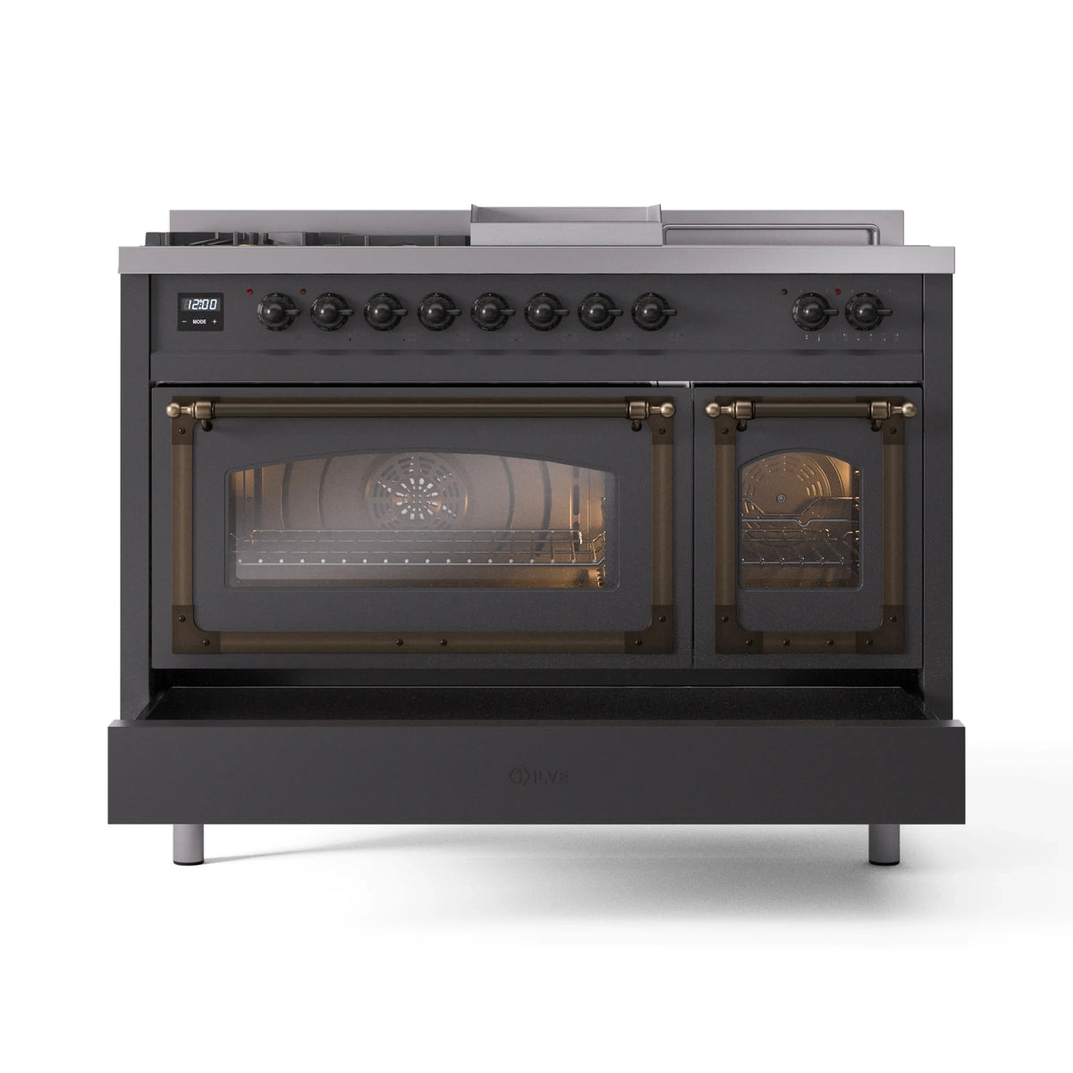 ILVE dual fuel range front view with two closed glass oven doors in matte graphite
