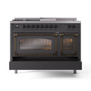 ILVE 48-Inch Nostalgie II Noblesse Natural Gas Dual Fuel Range with 5 Sealed Burners, Griddle, French Top and Triple Glass Door Oven in Matte Graphite with Bronze Trim