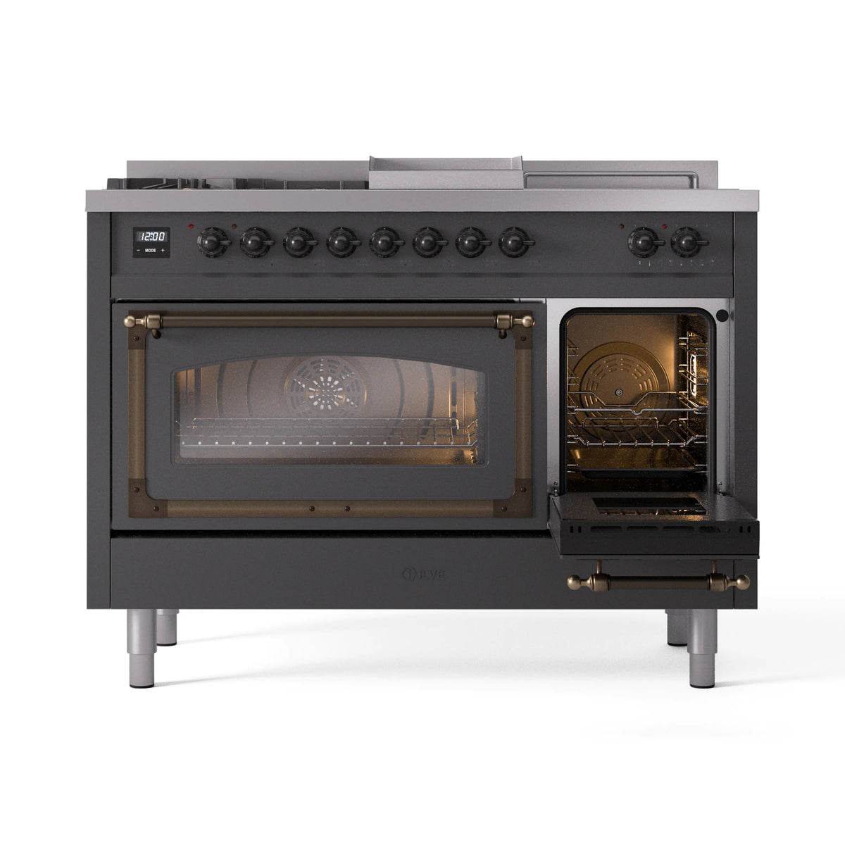 Matte graphite dual fuel range with two oven doors open and bronze trim