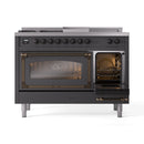 ILVE 48-Inch Nostalgie II Noblesse Natural Gas Dual Fuel Range with 5 Sealed Burners, Griddle, French Top and Triple Glass Door Oven in Matte Graphite with Bronze Trim