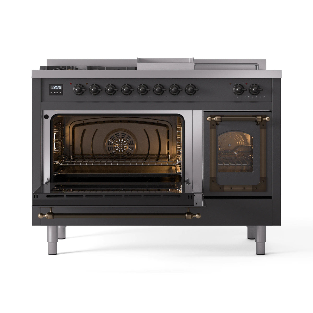 ILVE dual fuel range with both oven doors open, showing lit oven interiors