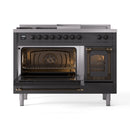 ILVE 48-Inch Nostalgie II Noblesse Natural Gas Dual Fuel Range with 5 Sealed Burners, Griddle, French Top and Triple Glass Door Oven in Matte Graphite with Bronze Trim